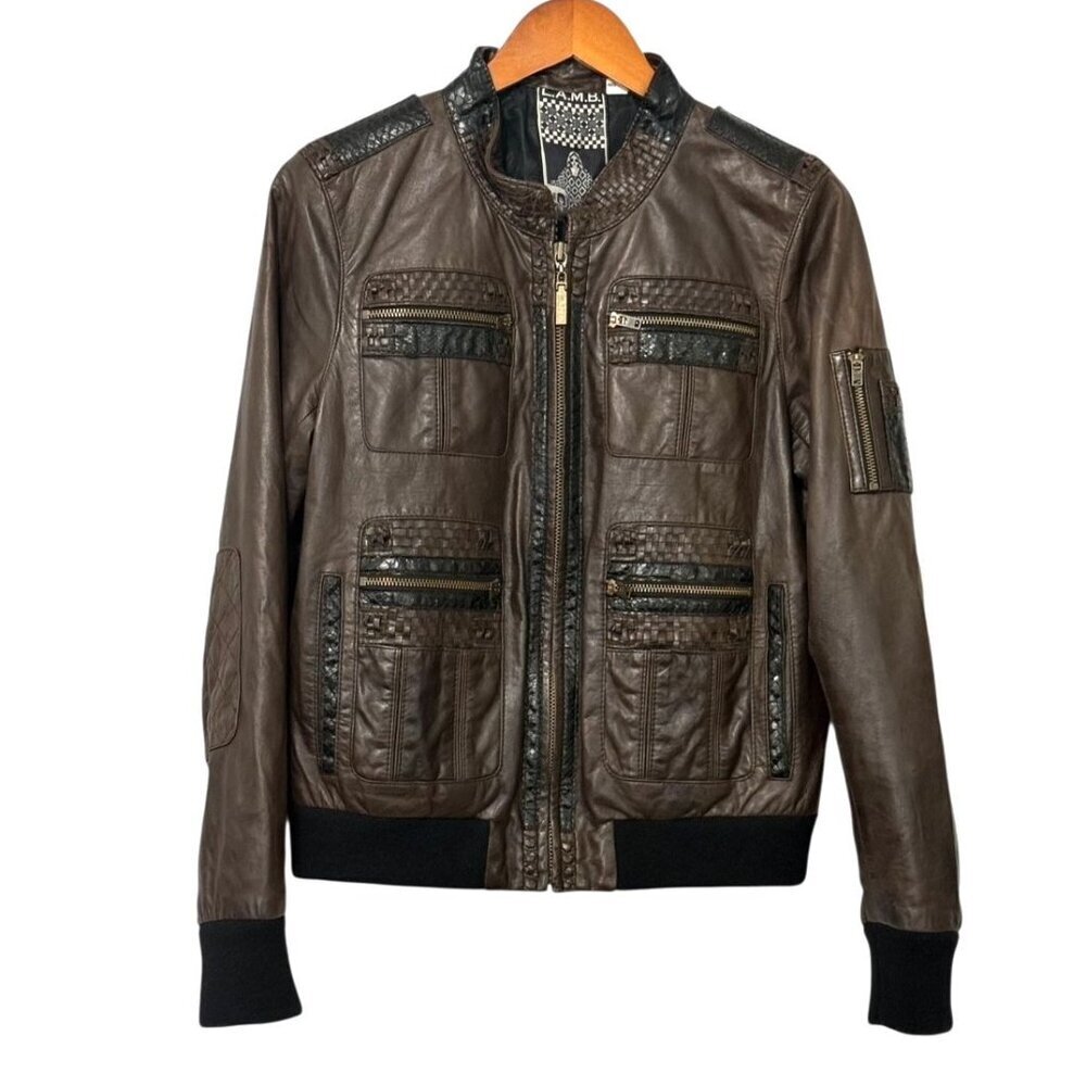 L.A.M.B. Gwen Stefani Leather Bomber Jacket Wool Trim Black Brown Zippers Size L